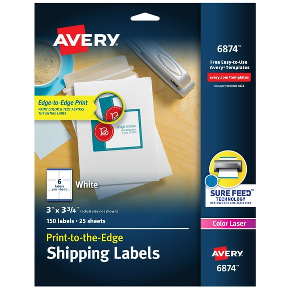 Avery Shipping Labels, Sure Feed, 3" x 3-3/4", 150 Labels (6874)