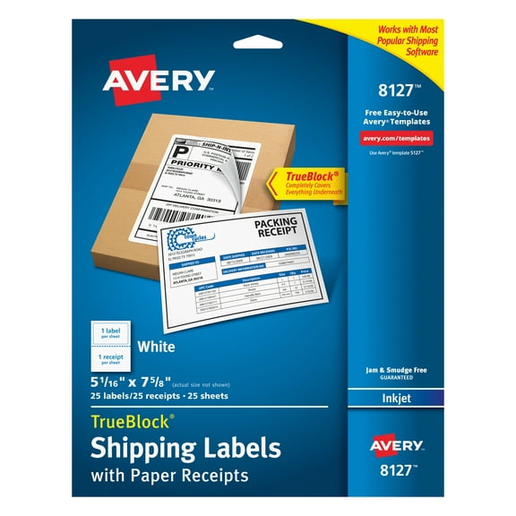 Avery Shipping Labels w/Paper Receipts and TrueBlock Technology for Inkjet Printers 5-1/16 x 7-5/8, Pack of 25 (8127)