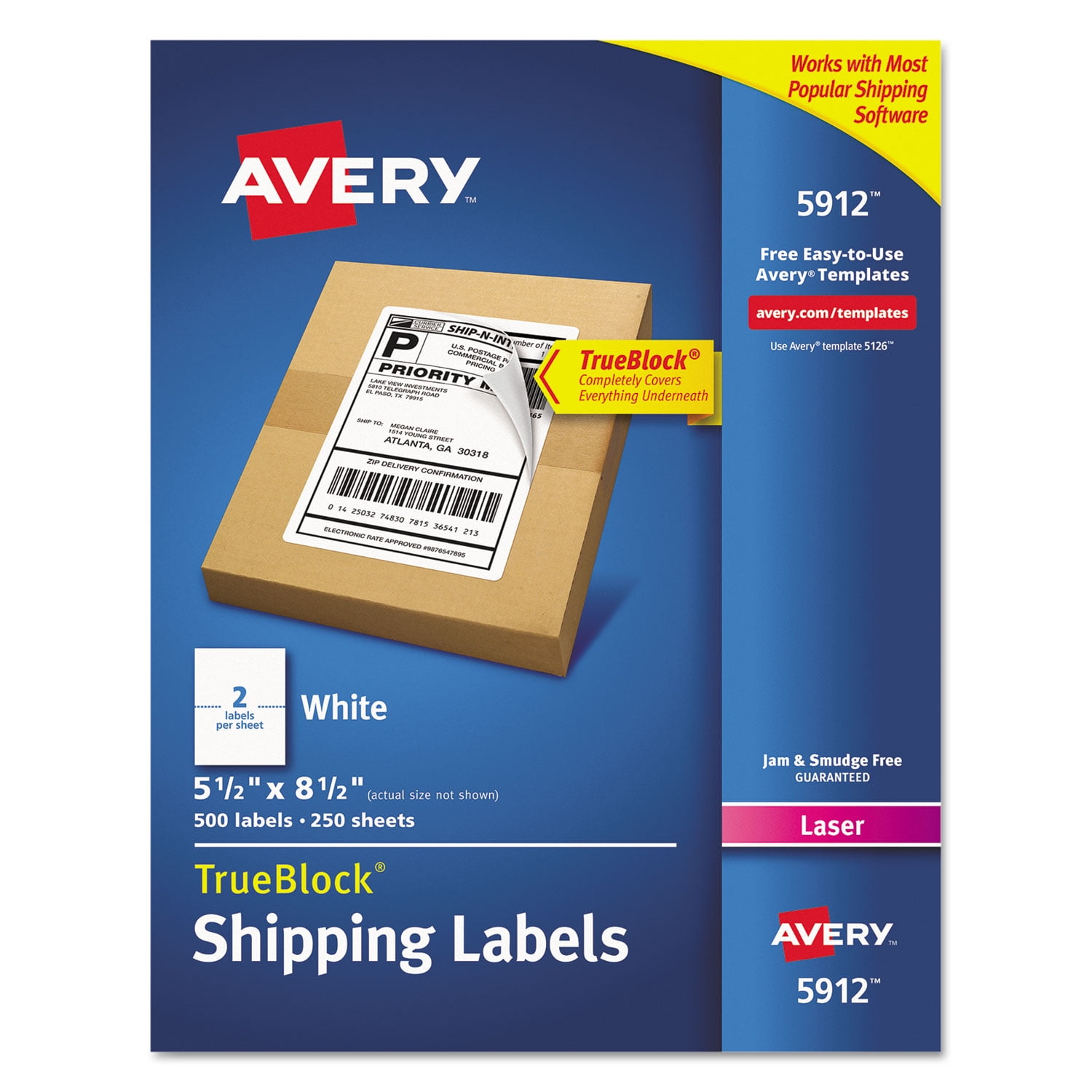 Avery Shipping Labels w/ TrueBlock Technology, Laser Printers, 5.5 x 8.5, White, 2/Sheet, 250 Sheets/Box (5912)