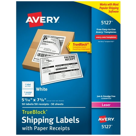Avery Shipping Labels with Receipt, 5-1/16" x 7-5/8", 50 Labels (5127)