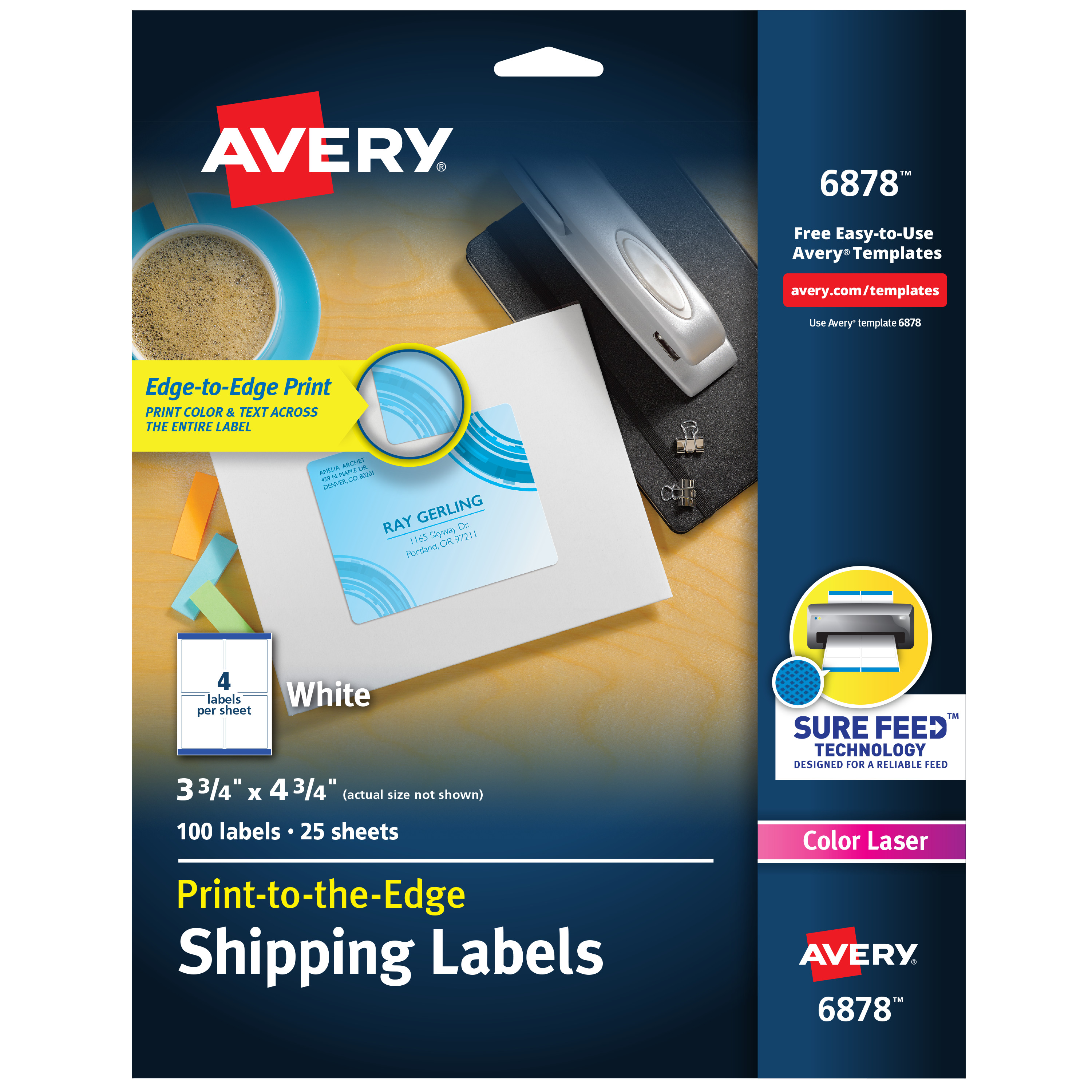 Avery Shipping Labels with Sure Feed for Color Laser Printers, Print-to-the-Edge, 3-3/4" x 4-3/4", 100 White Labels (6878) - image 1 of 9