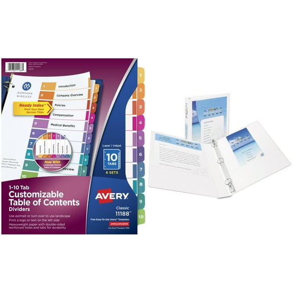 Avery Showcase Vinyl Round Ring View Binder, White, Available in Multiple Sizes with Avery Ready Index Table of Contents Dividers 11188, 10-Tab, 6 Sets Bundle