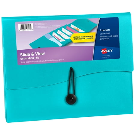 Avery Slide & View Expanding File Folder, 6 Pockets, Aqua (73544)
