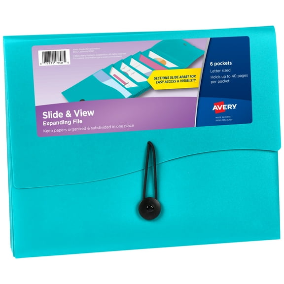 Avery Slide & View Expanding File Folder, 6 Pockets, Aqua (73544)