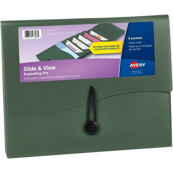 Avery® Slide & View Letter Organizer Folder - 8 1/2" x 11" - 40 Sheet Capacity - 6 Pocket(s) - Plastic, Poly, Polypropylene - Sage - 1 Each | Bundle of 10 Each