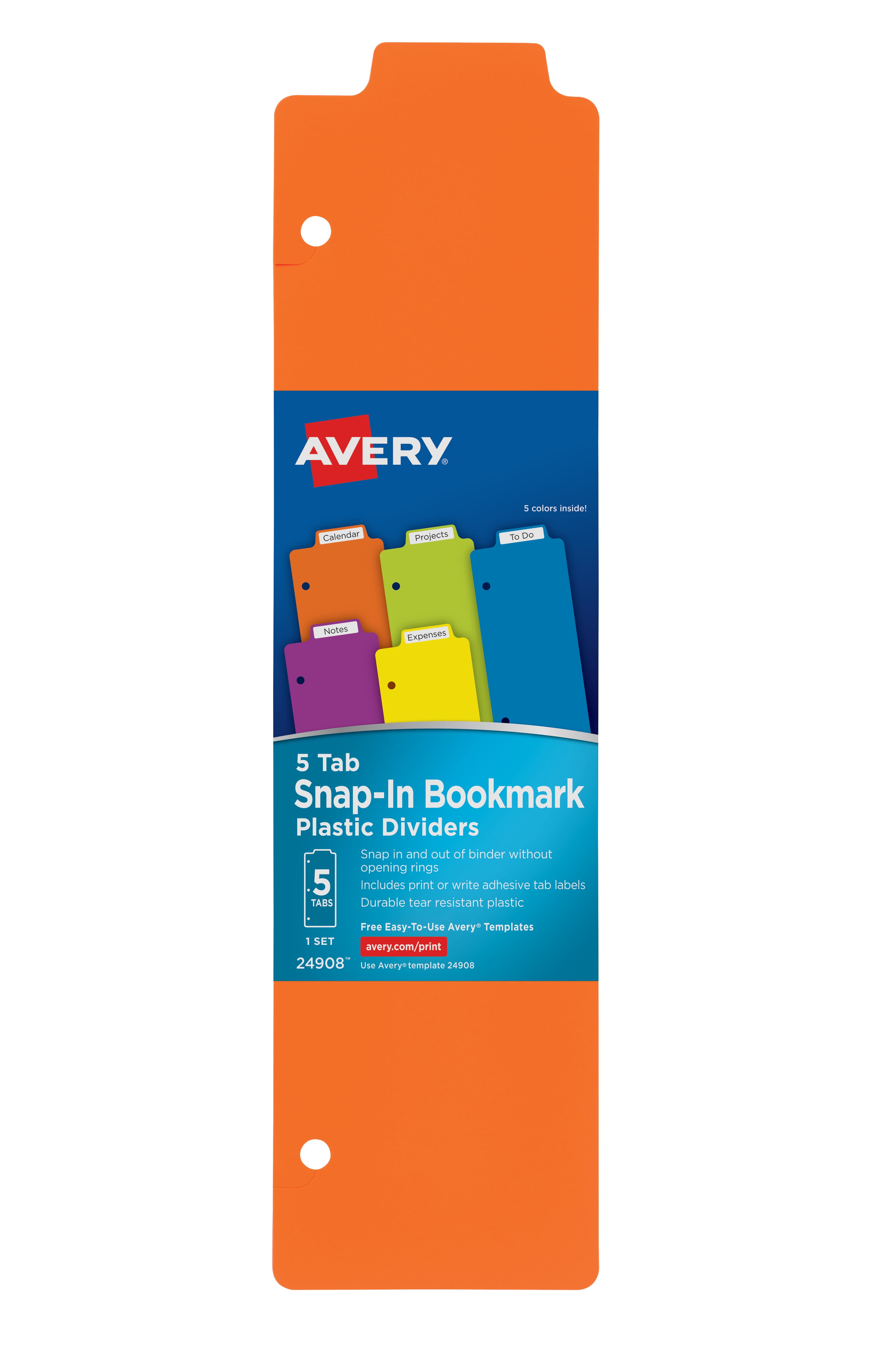 Avery Snap-in Bookmark Plastic Dividers for 3 Ring Binders, 5-Tab Set,  Multicolor with White Labels, 1 Set (24908) 