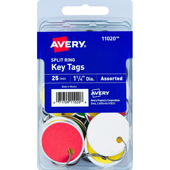Avery Split Ring Key Tags, 1-1/4" Round, Metal, Paper, Assorted Colors, Handwrite, 25 Tags