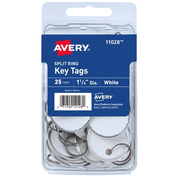 Avery Metal Rim Key Tags, 1.25" Diameter, 25 White Tags
