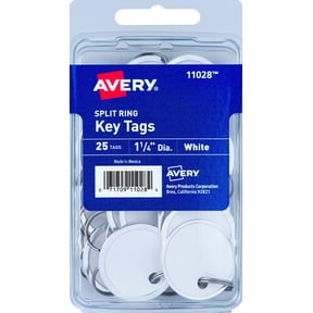 Avery Split Ring Key Tags, 1-1/4" Round, Metal, Paper, White, Handwrite, 25 Tags