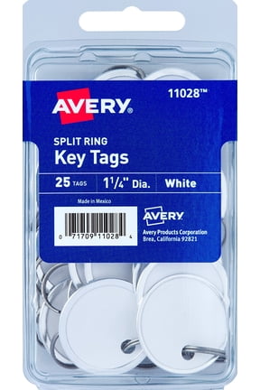 Split Ring Key Tags, 1-1/4" Round, Metal, Paper, White, Handwrite, 25 Tags