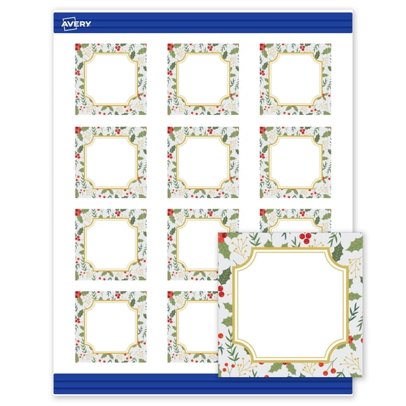Avery Square Cards, 2" x 2", Gold-Blue Border Berries, Matte, 120ct