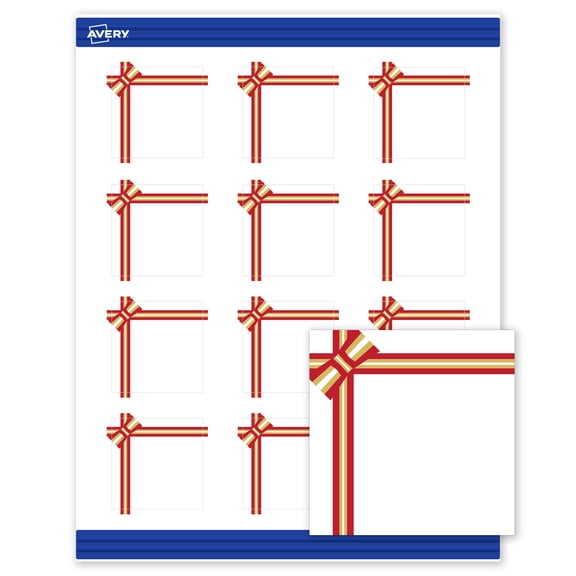 Avery Square Cards, 2" x 2", Gold-Red Gift Bow, Matte, 120ct