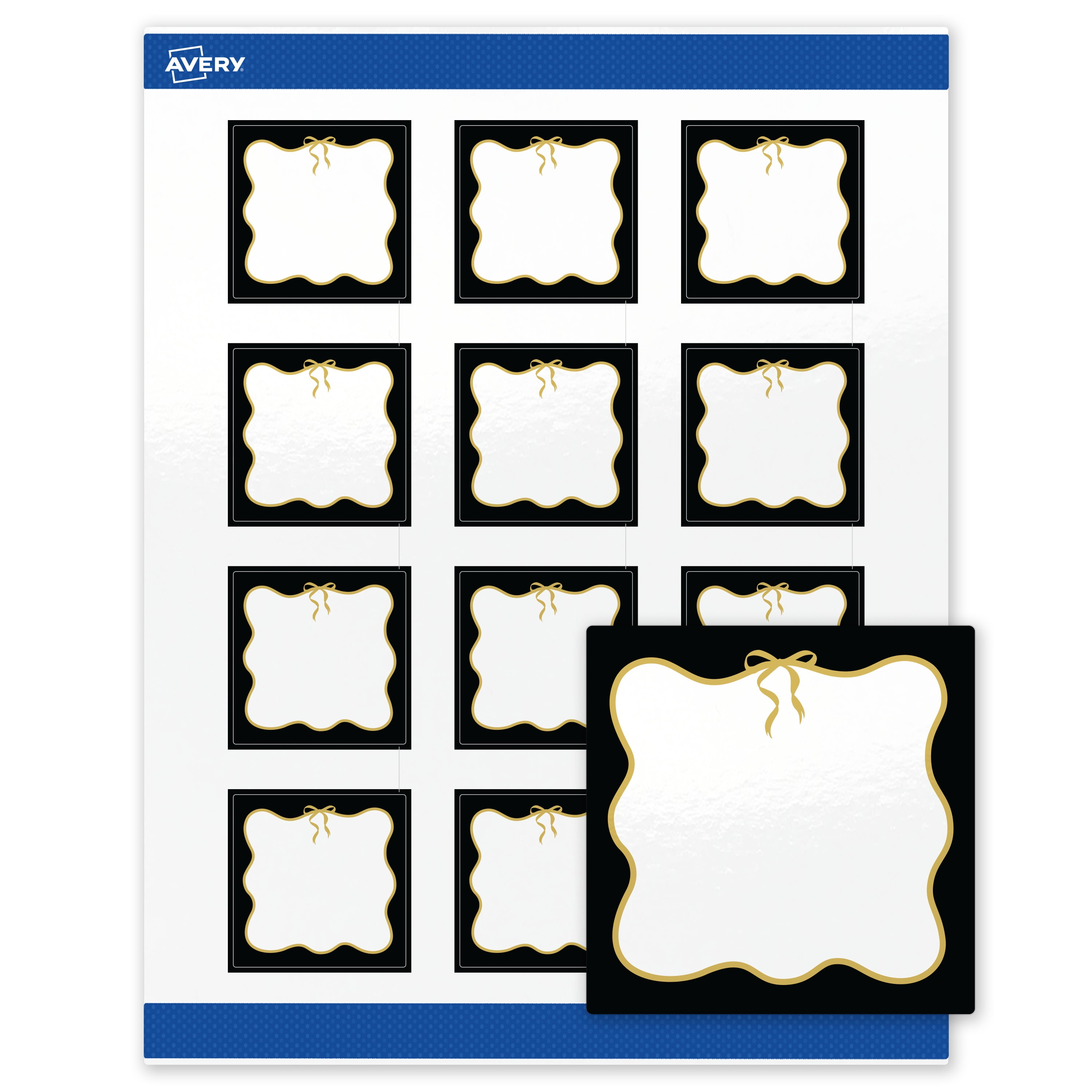 Avery Square Labels, 2" x 2", Black with Gold Bow Design, Glossy