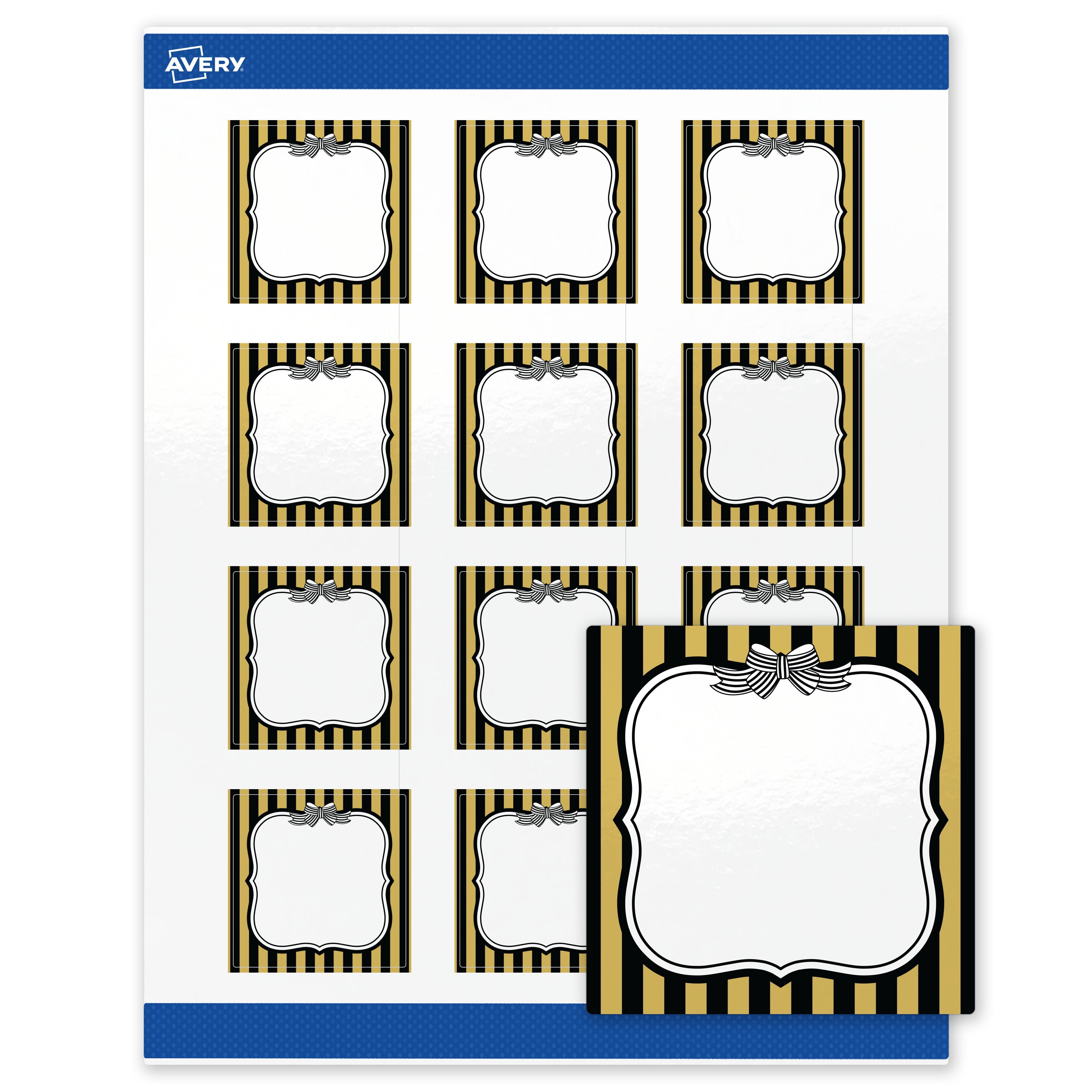 Avery Square Labels, 2" x 2", Gold & Black Stripes with Bow, Glossy