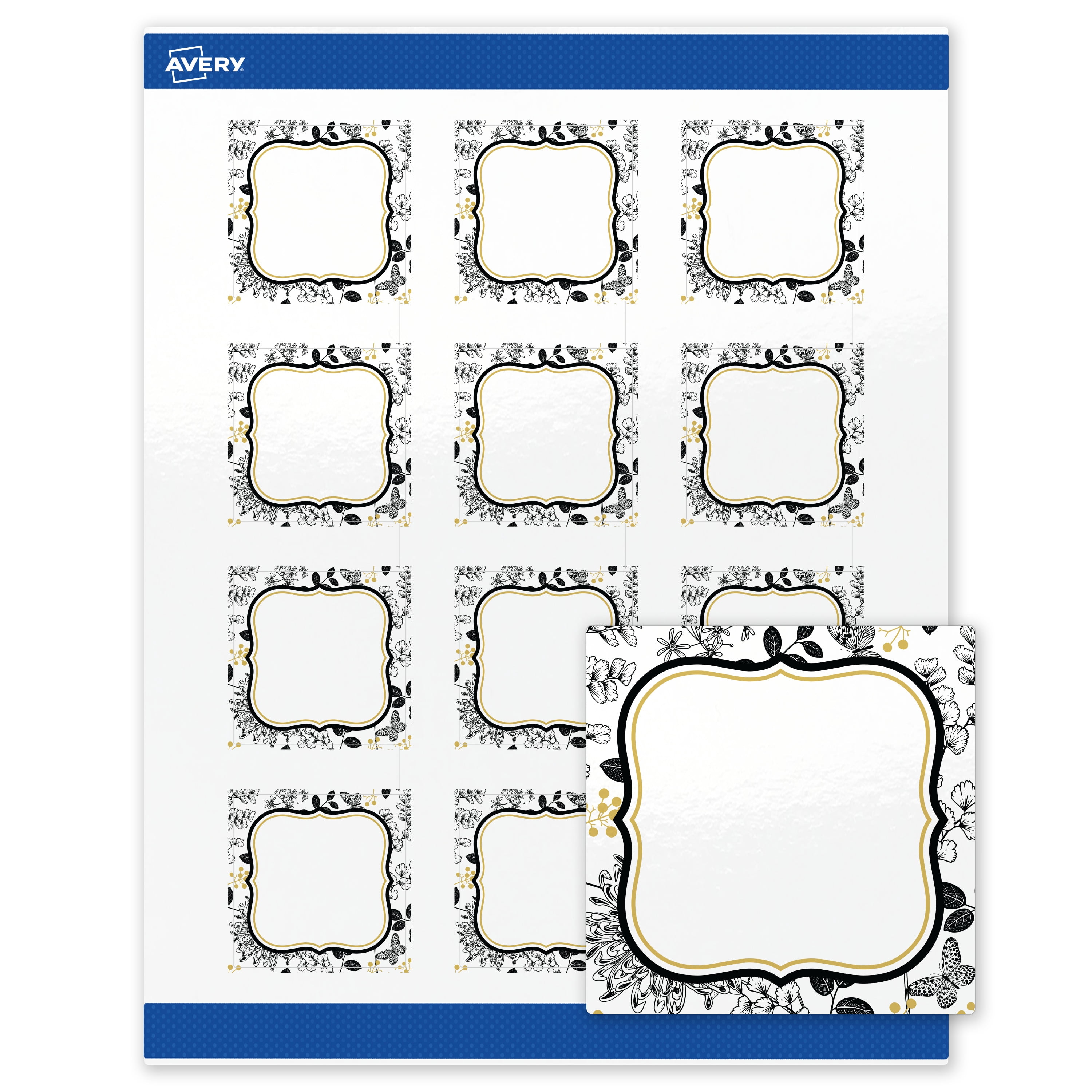 Avery Square Labels, 2" x 2", Gold Flourish & Black Florals, Glossy