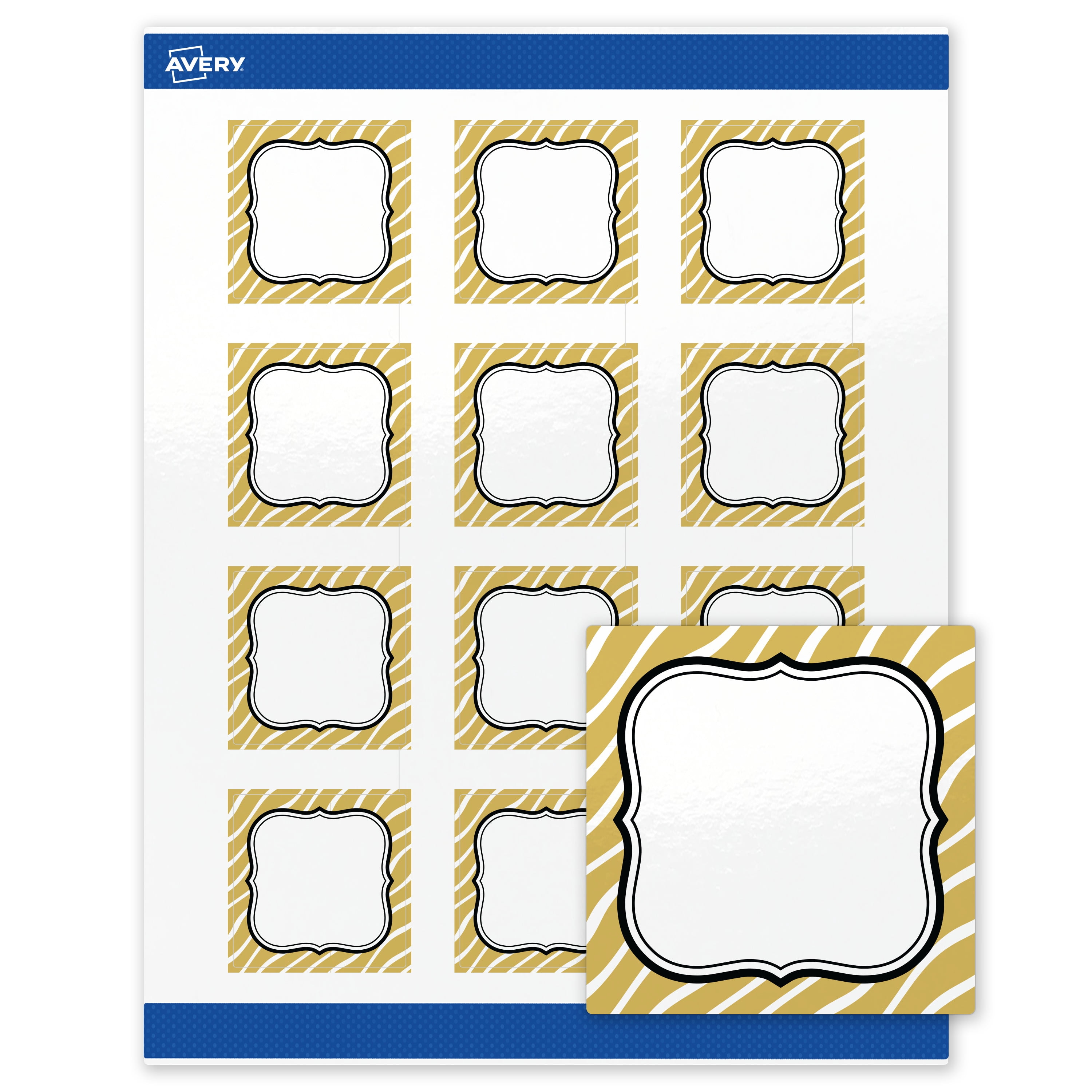 Avery Square Labels, 2" x 2", Gold Zebra Pattern Design, Glossy