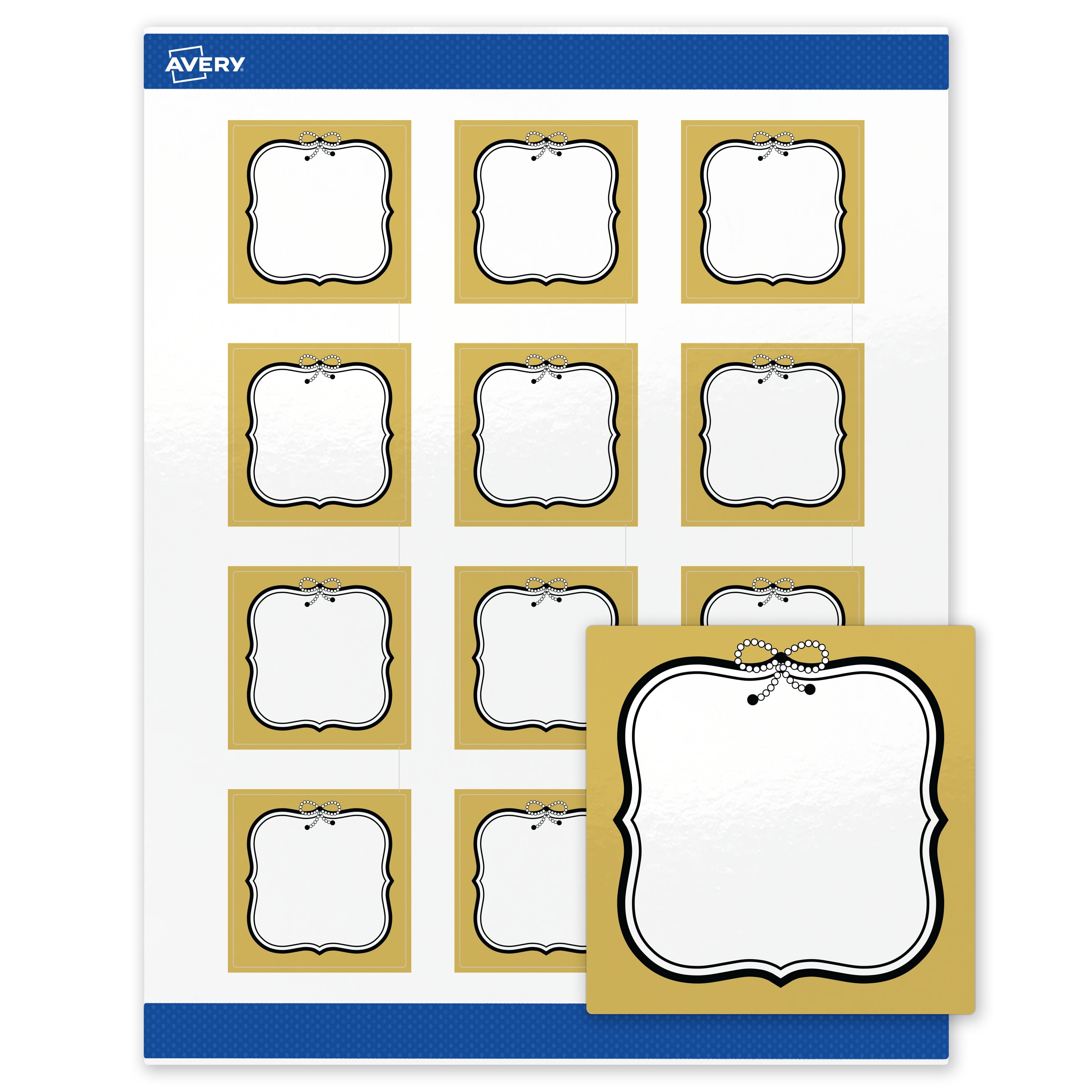 Avery Square Labels, 2" x 2", Gold with Black Bow Design, Glossy