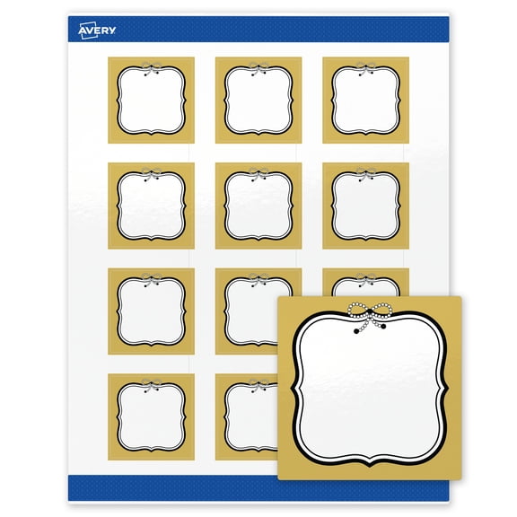 Avery Square Labels, 2" x 2", Gold with Black Bow Design, Glossy
