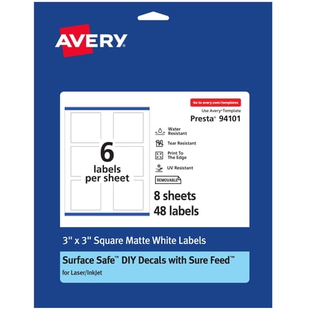 Avery Durable Removable Square Labels, 3" x 3", 48 Labels