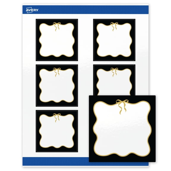 Avery Square Labels, 3" x 3", Black with Gold Bow Design, Glossy