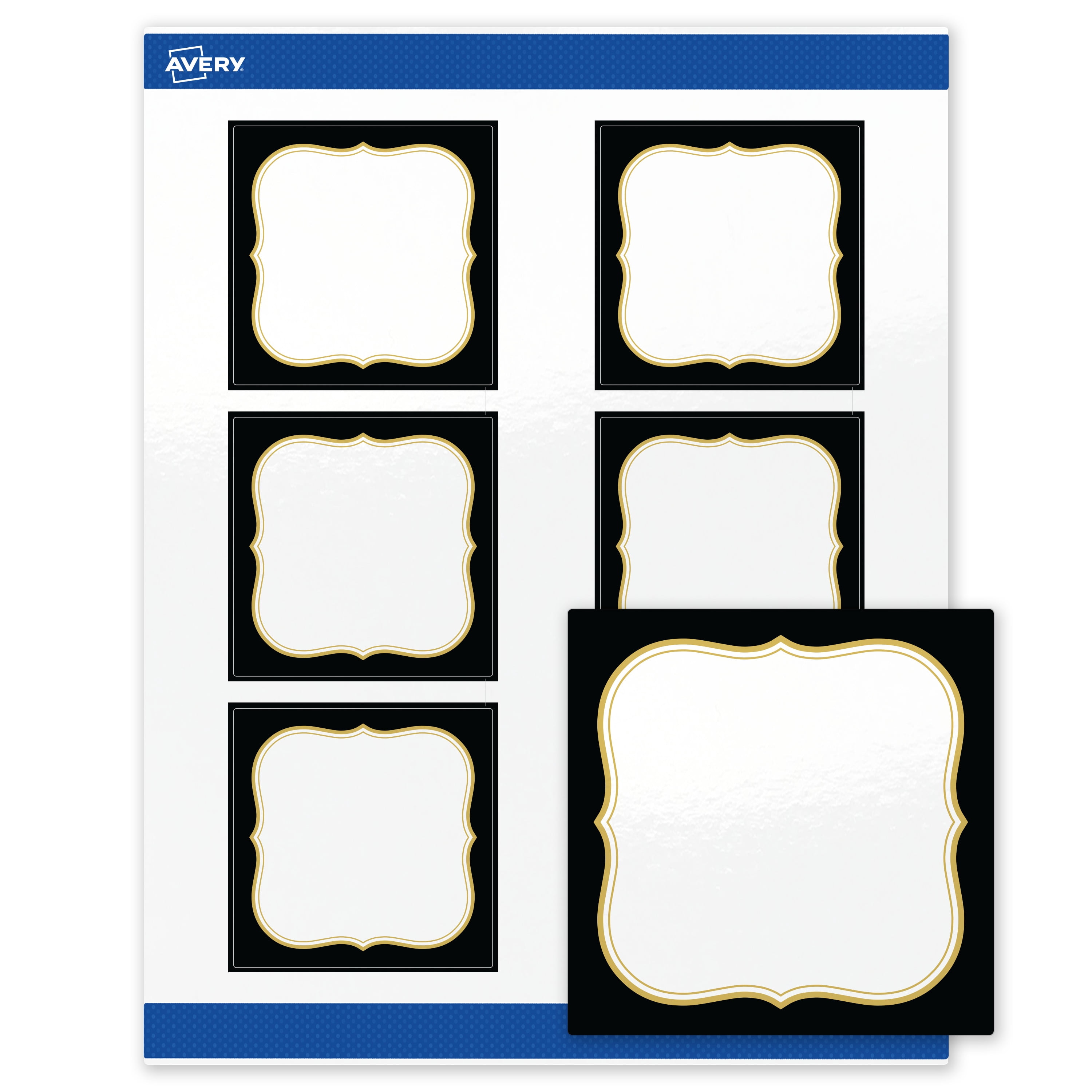 Avery Square Labels, 3" x 3", Black with Gold Flourish, Glossy