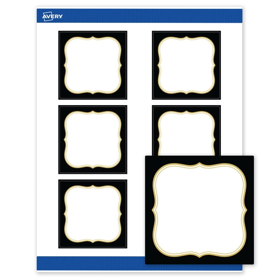 Avery Square Labels, 3" x 3", Black with Gold Flourish, Matte