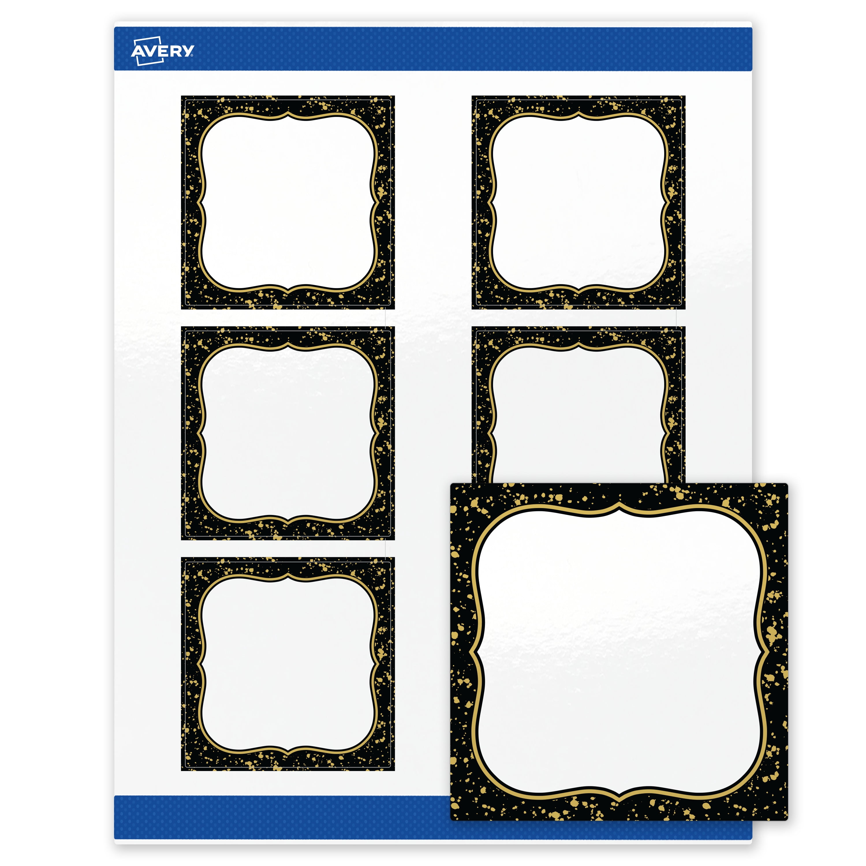 Avery Square Labels, 3" x 3", Black with Gold Specs Design, Glossy