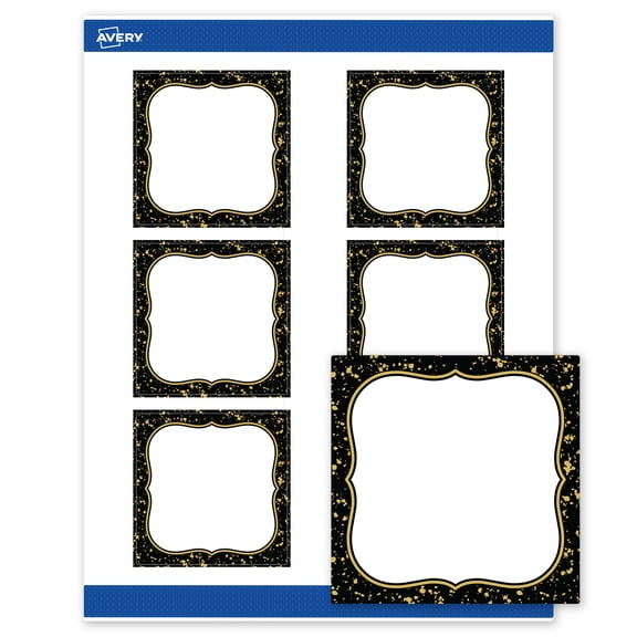 Avery Square Labels, 3" x 3", Black with Gold Specs Design, Matte
