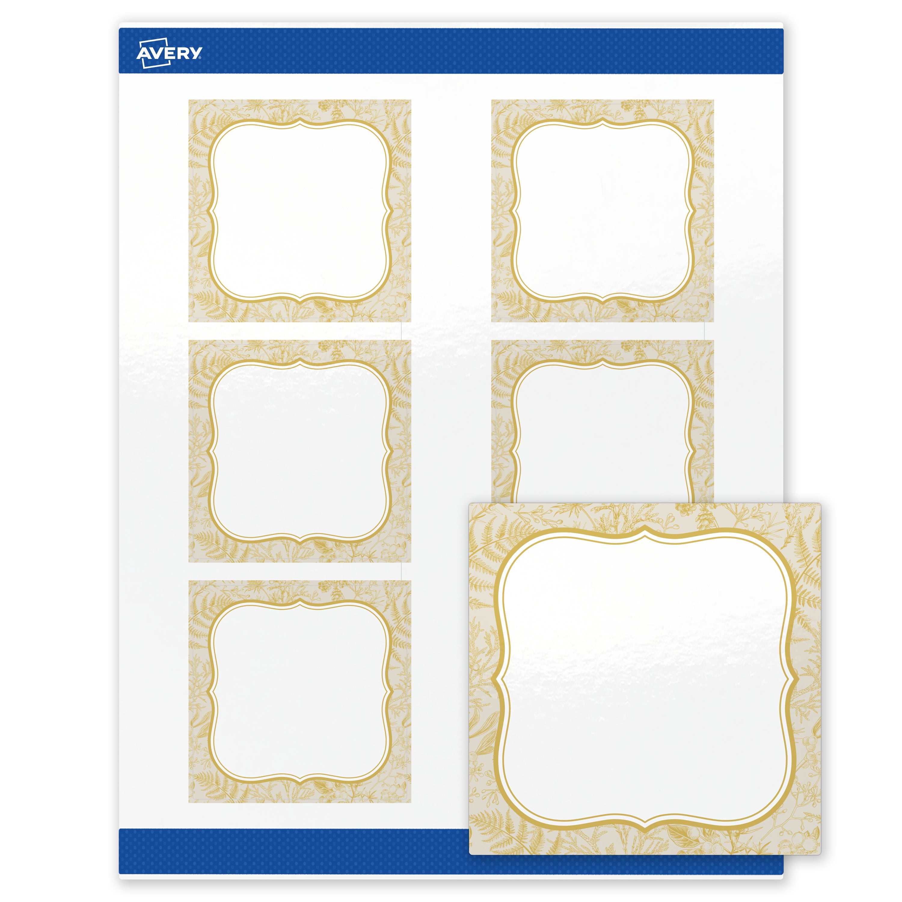 Avery Square Labels, 3" x 3", Flourish Gold Florals Design, Glossy