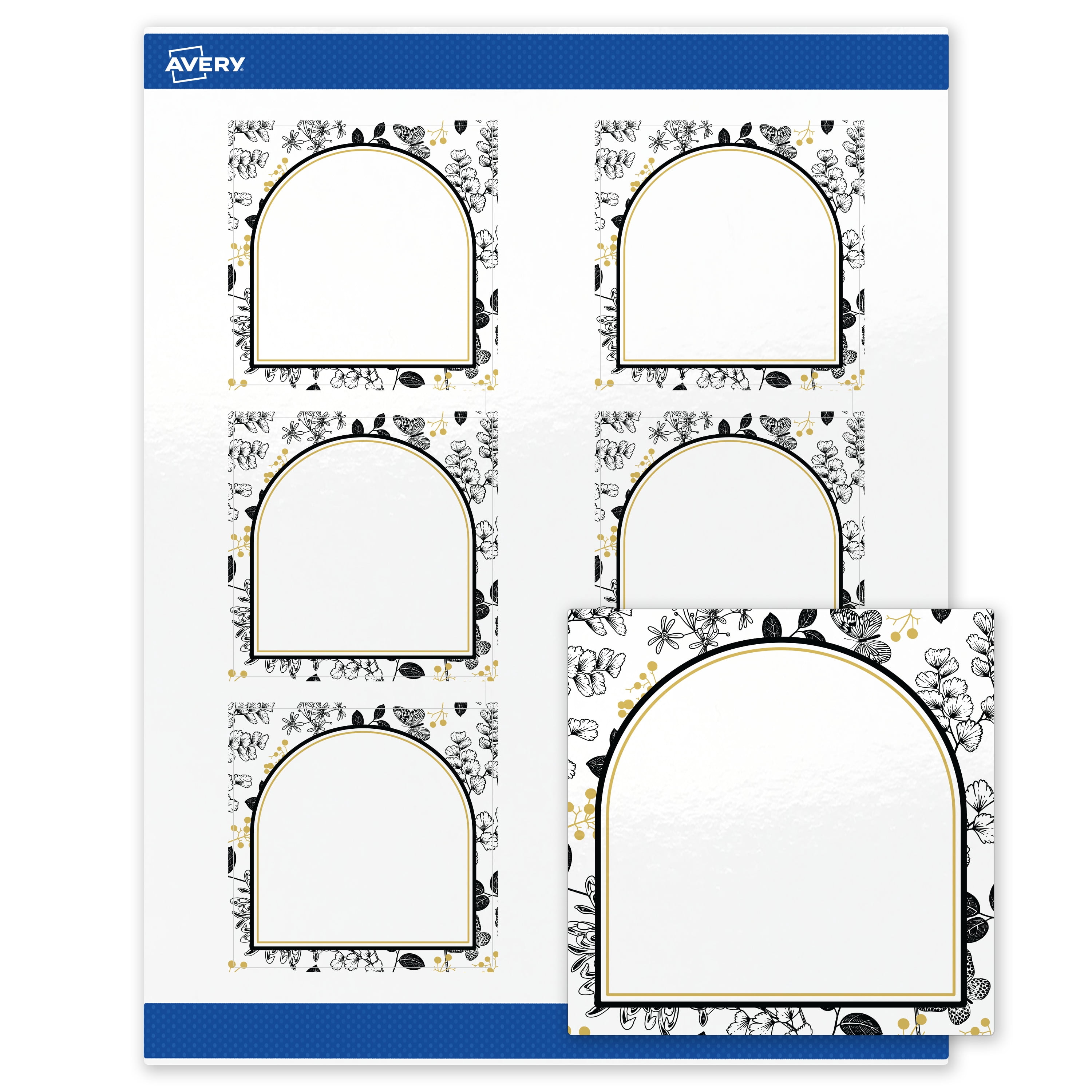Avery Square Labels, 3" x 3", Gold Arch & Black Florals, Glossy