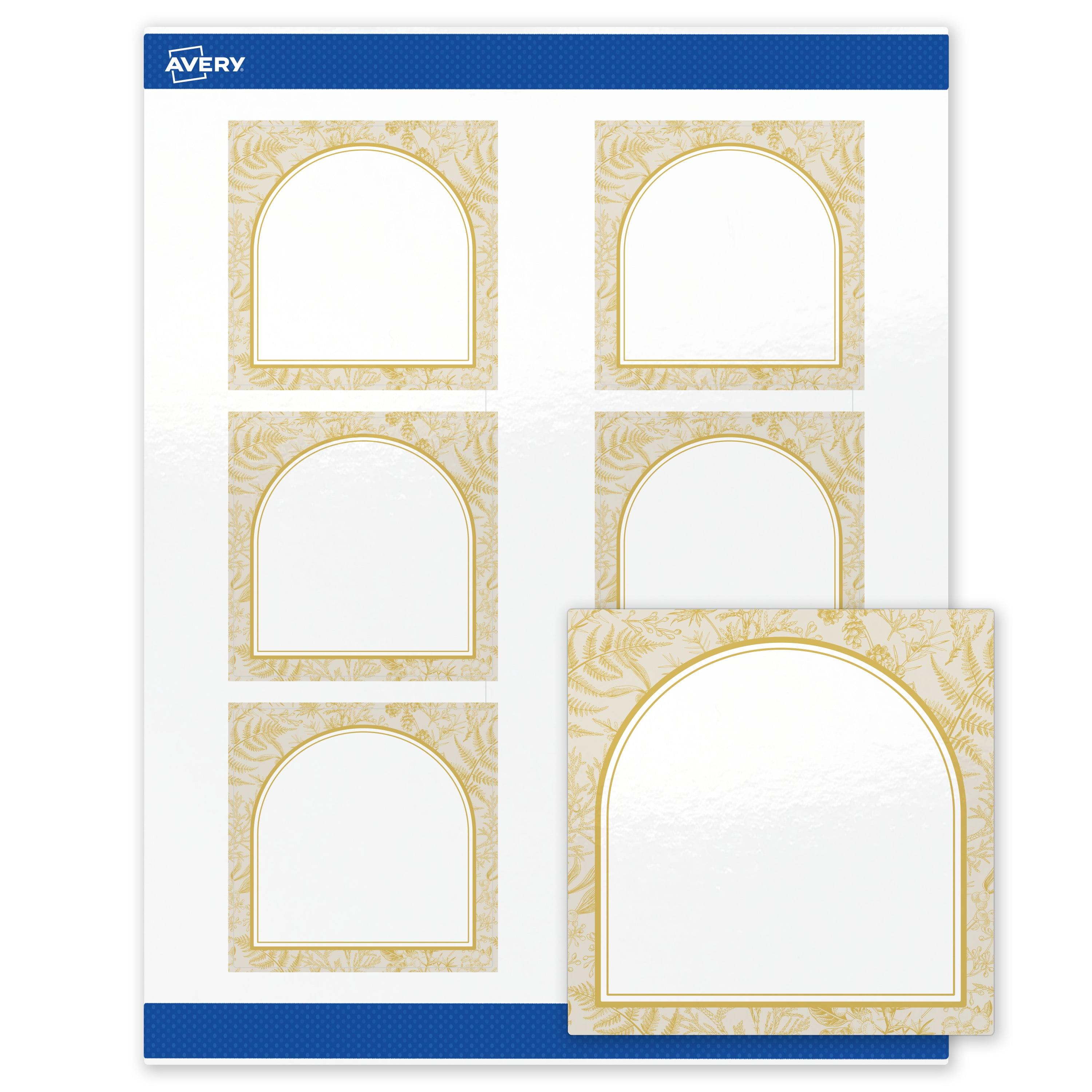 Avery Square Labels, 3" x 3", Gold Arch Florals Design, Glossy