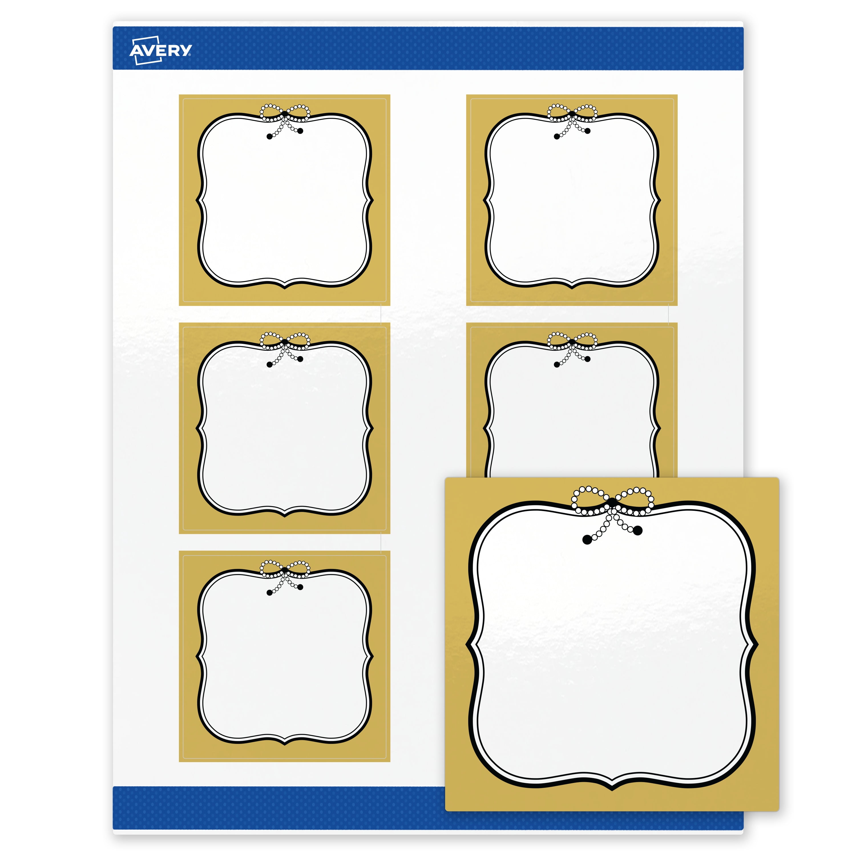 Avery Square Labels, 3" x 3", Gold with Black Bow Design, Glossy