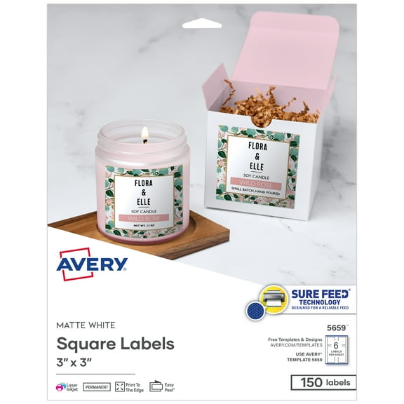 Avery Square Labels, 3" x 3", Permanent, 150 Labels (5659)