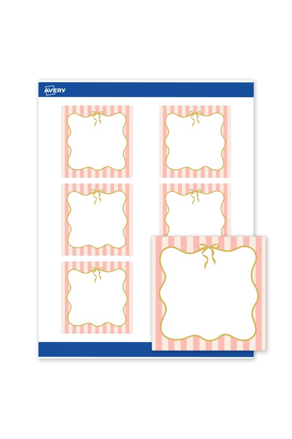 Square Labels, 3" x 3", Pink Stripes with Gold Bow, Matte