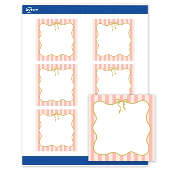 Avery Square Labels, 3" x 3", Pink Stripes with Gold Bow, Matte