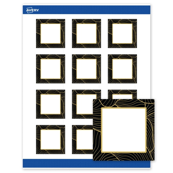 Avery Square Labels, Black with Gold Pattern, 2" x 2", Matte, Black Border with Gold Veins