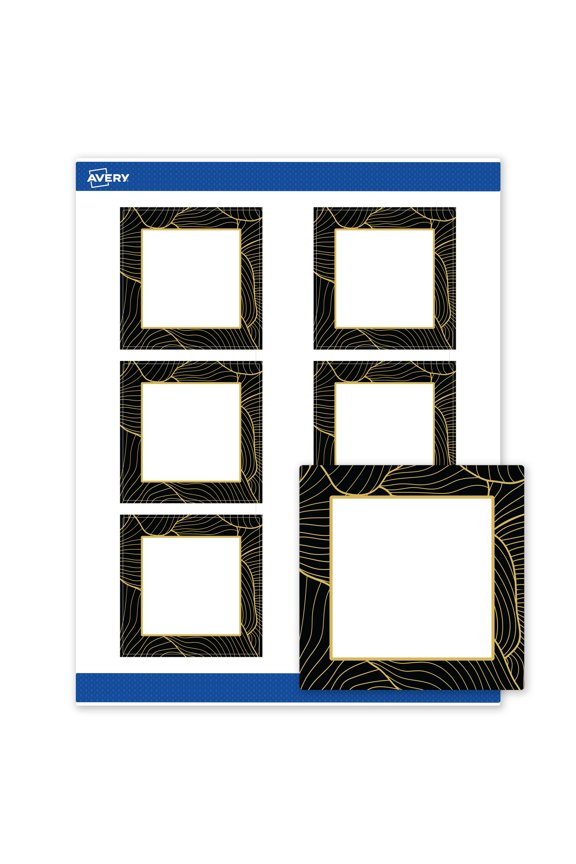 Square Labels, Black with Gold Pattern, 3" x 3", Matte, Black Border with Gold Veins