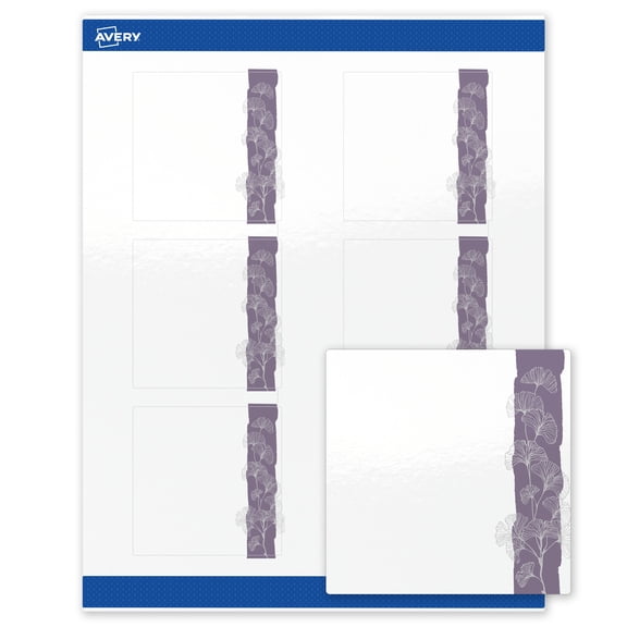 Avery Square Labels, Floral Design, 3" x 3", 60ct, Glossy, Purple and Silver Gingko Leaves