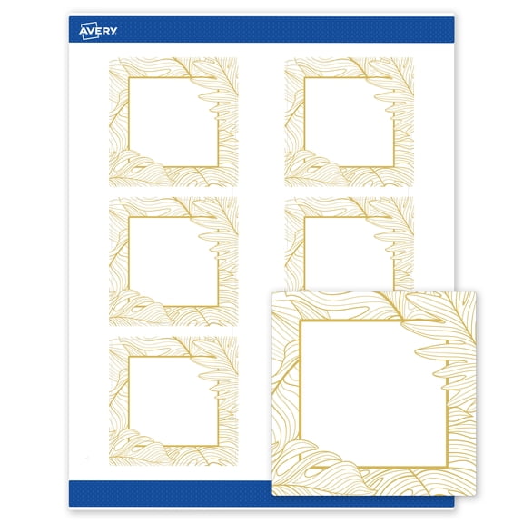Avery Square Labels, Gold Florals, 3" x 3", 60 Total, Matte, Gold Monstera Leaves