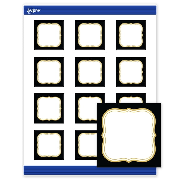 Avery Square Square Cards, 2" x 2", Black with Gold Flourish, Matte