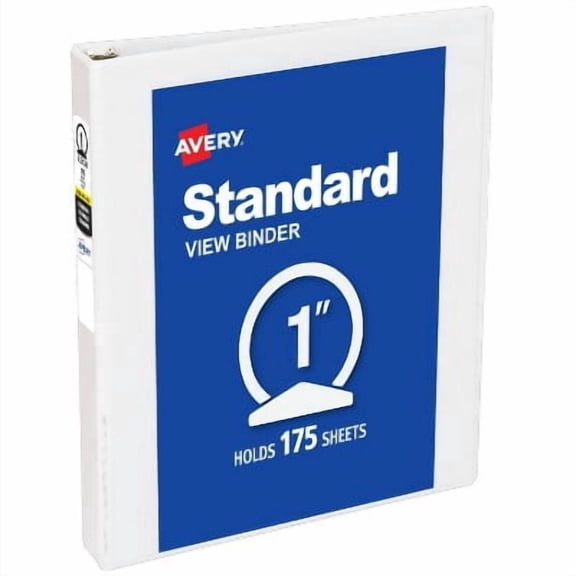 Avery Standard View 3 Ring Binder, 1" Round Rings, 175-Sheet Capacity, 1.4 Inch Wide Spine, 1 White Binder, Ideal for Lightweight Organization