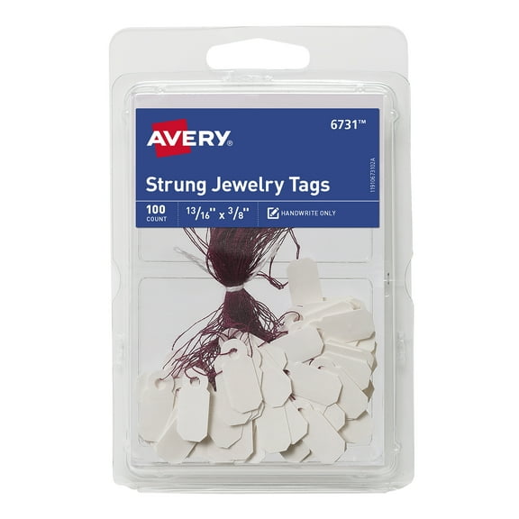 Avery String Tag Labels, Jewelry, 13/16" x 3/8", Paper, White, Purple String, Handwrite, 100 Tags