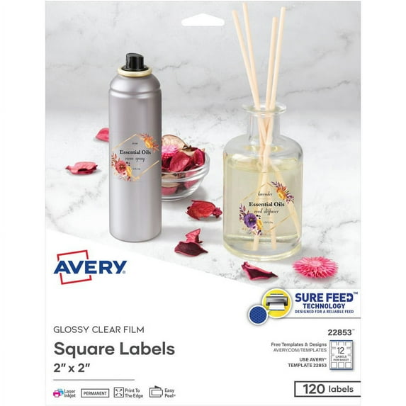 Avery® Sure Feed Glossy Labels - Permanent Adhesive - Square - Laser, Inkjet - Crystal Clear - Film - 12 / Sheet - 10 Total Sheets - 120 Total Label(s) - 120 / Pack | Bundle of 5