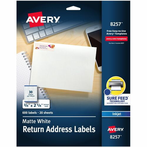 Avery® Sure Feed® White Return Address Labels, 3/4" Width x 2 1/4" Length, Permanent Adhesive, Rectangle, Inkjet, Matte, Paper (08257) | 2 Packs (1200 Total)