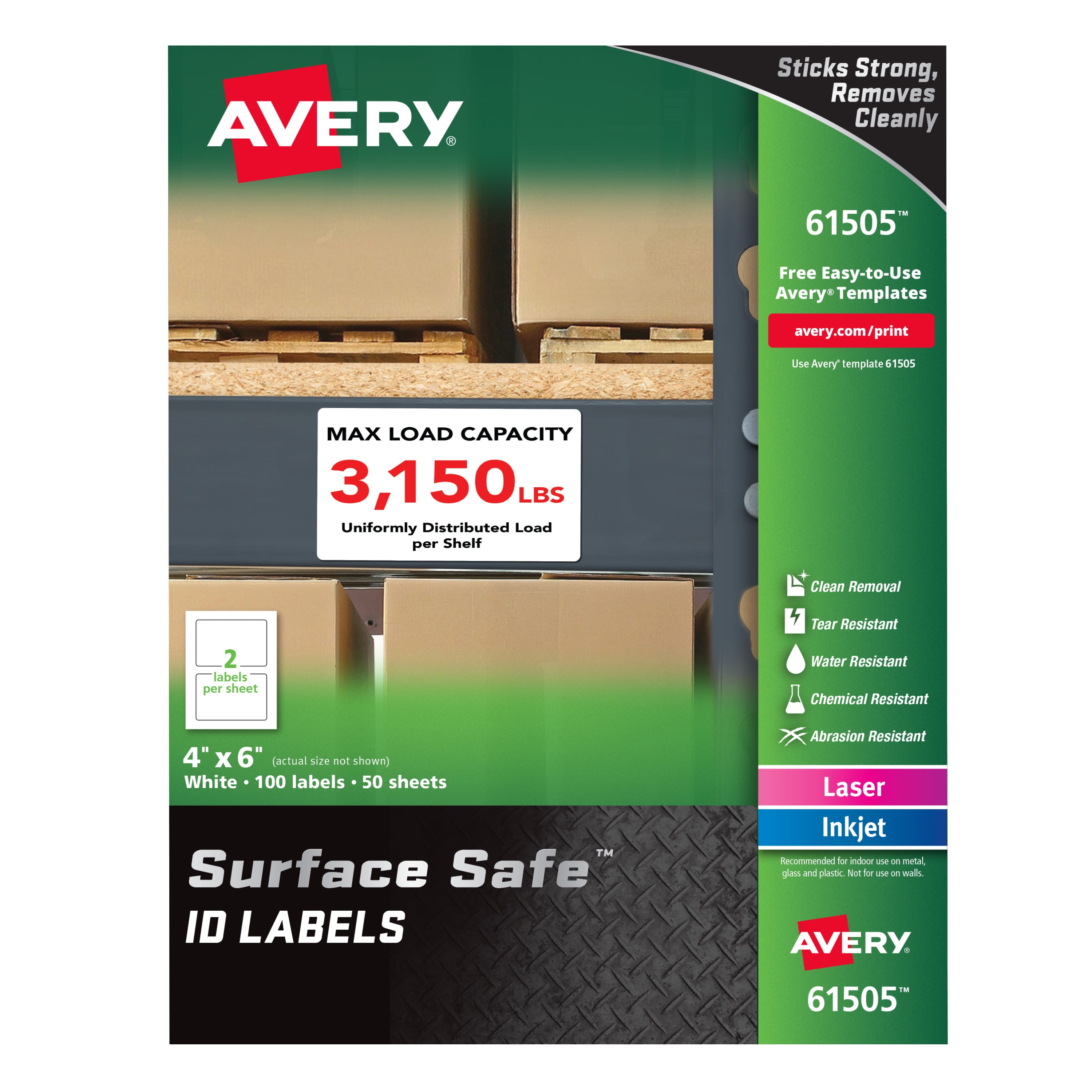 Avery Surface Safe ID Labels, 4" x 6", Matte White, (61505)