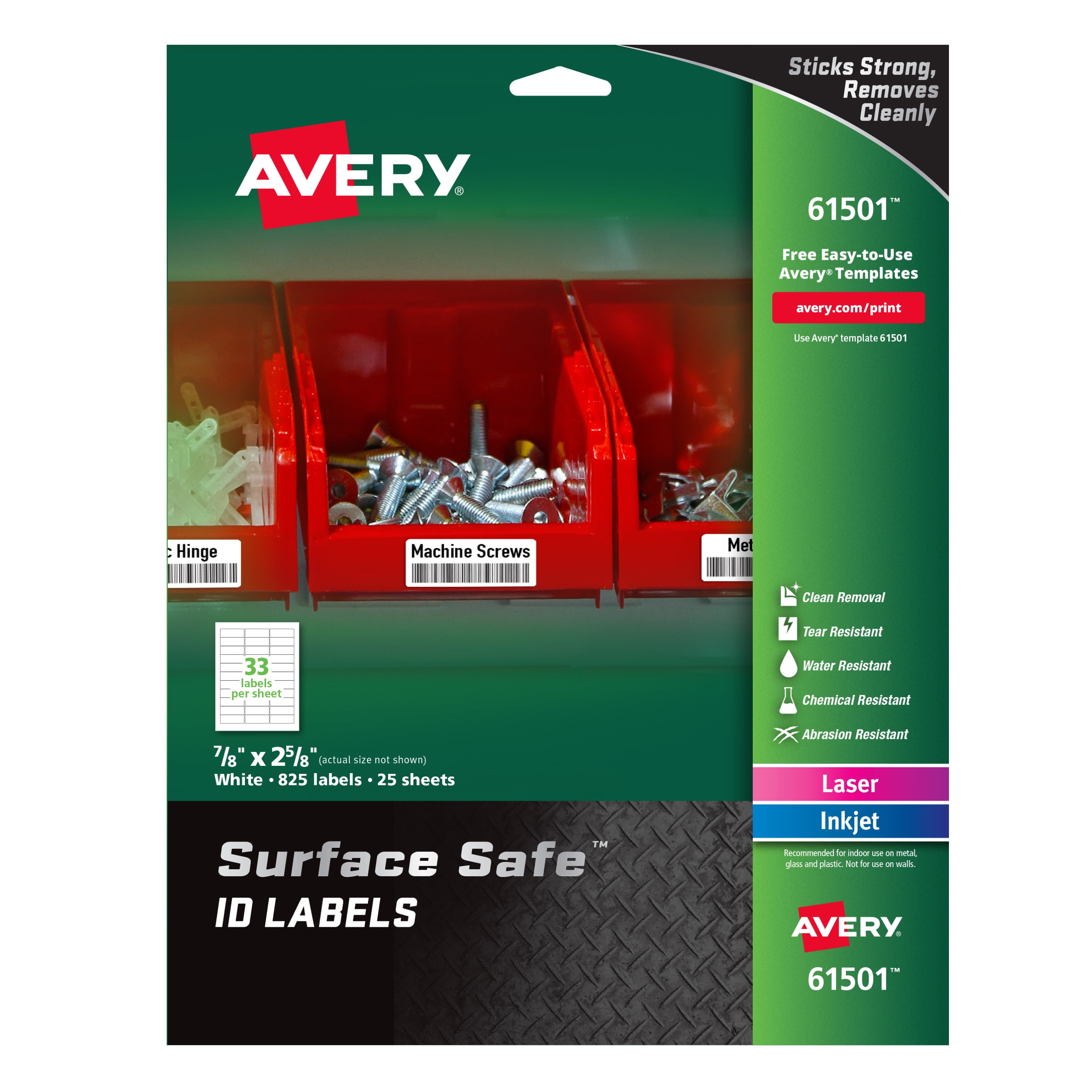 Avery Surface Safe ID Labels, 7/8" x 2-5/8", Water Resistant, Matte White, Removable Adhesive, 825 Labels (61501)
