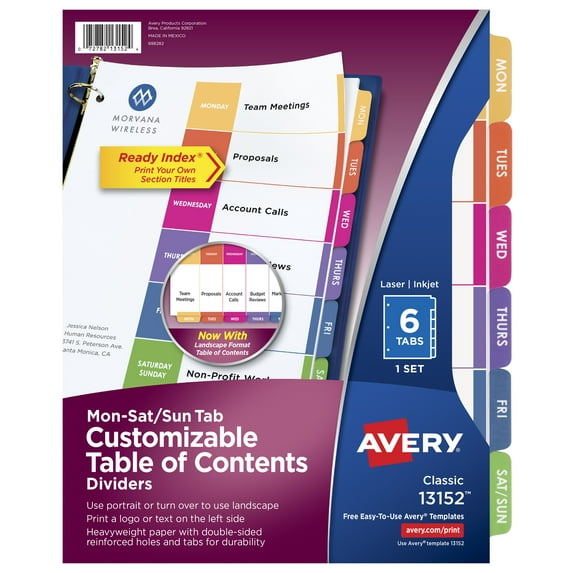 Avery Table of Contents Dividers, 6 Preprinted Mon-Sat/Sun Multicolor Tabs