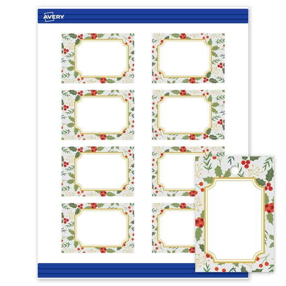 Avery Tags, 2" x 3", Gold-Blue Border Berries, Matte, 80ct