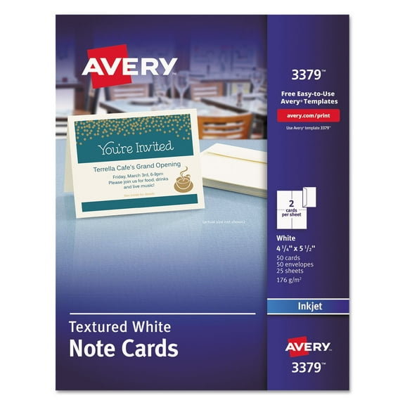 Avery Textured Note Cards, Inkjet, 4 1/4 x 5 1/2, Uncoated White, 50/Bx w/Envelopes (3379)