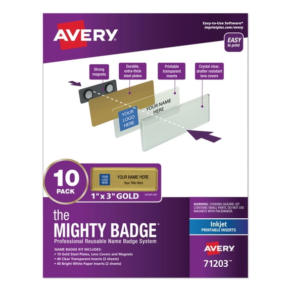 Avery The Mighty Badge Name Badge Holder Kit Horizontal, 3 x 1, Inkjet, Gold, 10 Holders/ 80 Inserts